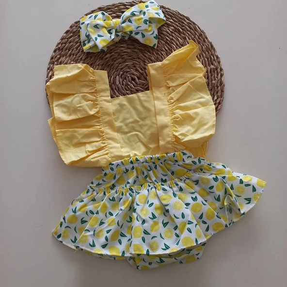 MARS BABY Kız Bebek Limon Desenli Fırfırlı Salopet Bandana Takım ürün görseli 1