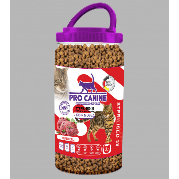 PRO CANINE AZ TAHILLI HYPOALLERGENİC KUZU ETLİ KISIR - OBEZ STERİLİSED YETİŞKİN KEDİ MAMASI 3 LT ürün görseli 1