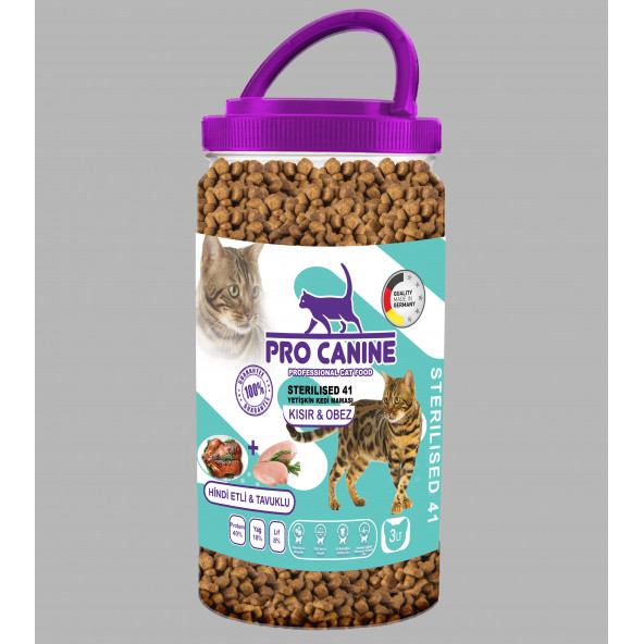 PRO CANİNE PROFESSIONAL HİNDİ ETLİ -TAVUKLU KISIR -OBEZ STERILISED YETİŞKİN KEDİ MAMASI 3 LT ürün görseli 1