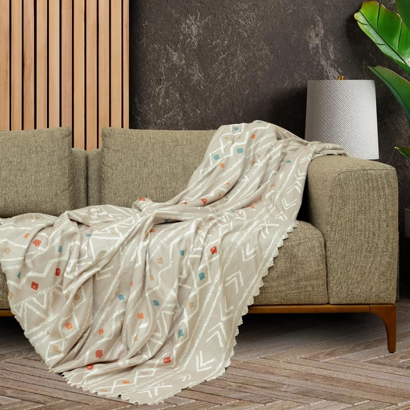 SoftMicro Etnik Desenli Boho130x180 cm  Koltuk Örtüsü Şalı, Kanepe Örtüsü, Tv Battaniyesi Camel ürün görseli 1