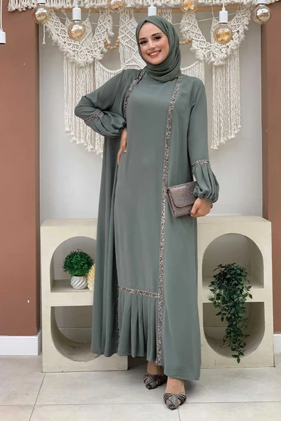 Taş Detaylı Abaya Sıfır Kol Elbise Takım 3657 Mint ürün görseli 1