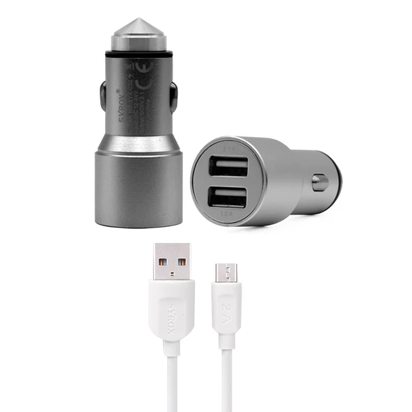 Syrox C32 Metal Araç İçi Şarj Adaptörü ve Micro USB Kablo Set 3.1A Füme ürün görseli 1