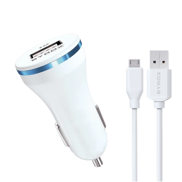 Syrox C44 Araç Şarj Aleti Micro USB Kablo Set 2.0A Beyaz ürün görseli 1