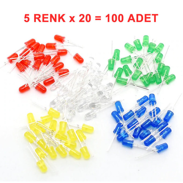 100 Adet 5mm Led Seti 5 Renk Elektronik Işık Kaynağı Lamba Gösterge Uyarı Sinyali Kırmızı Sarı Mavi Yeşil ürün görseli 1