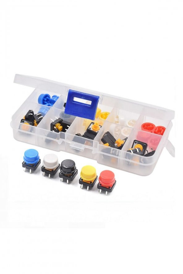 Kutulu 12x12mm 25 Adet Başlıklı Tact Buton Set  4 Pin 5 Renk Dokunmatik Anlık Basmalı Düğme ürün görseli 1