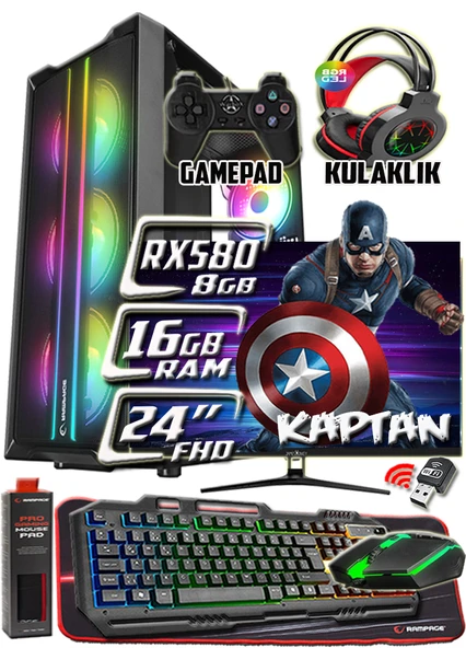 WarboX KAPTAN 24" Monitör Xeon X5650 16gb Ram 256gb Ssd 250gb Hdd Rx580 8gb DDR5 E.kartı Gaming PC ürün görseli 1