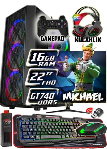 WarboX Michael 22"Monitör i3 9100 16gb DDR4 Ram 256gb Ssd 250gb Hdd GT740 DDR5-4gb E.kartı Gaming PC ürün görseli 1