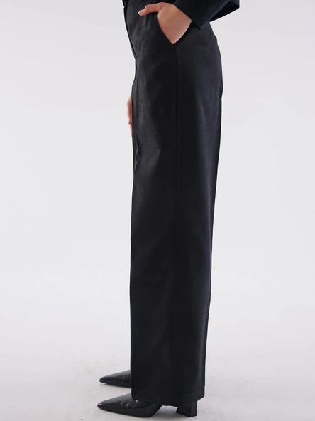 Süet Siyah Bol Paça Pantolon - Resim 3