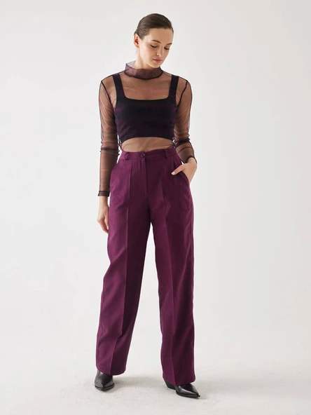 Süet Bordo Bol Paça Pantolon - Resim 2