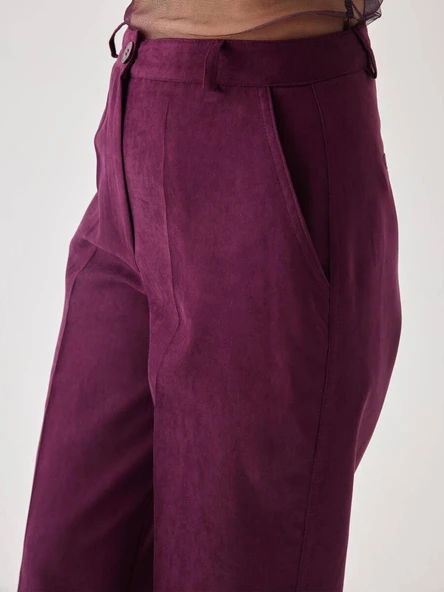 Süet Bordo Bol Paça Pantolon - Resim 3