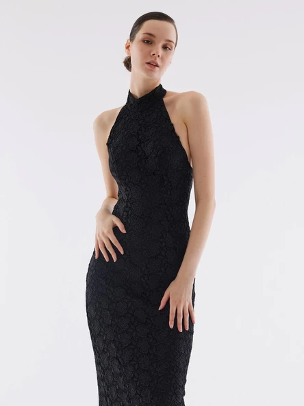 Dantel Halter Yaka Siyah Elbise - Resim 2