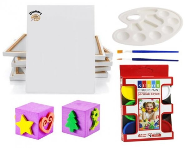 çocuklar için 25x35 tuval + parmak boyası ,baskı , palet ve ipek fırça seti ürün görseli 1
