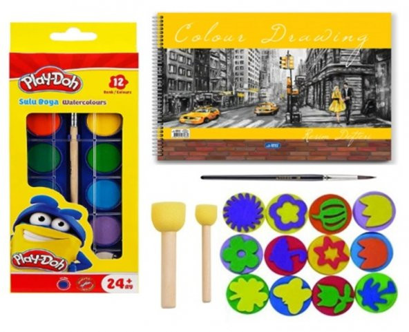 sulu boya baskı seti ponpon fırçalı 25x35 resim defterli ürün görseli 1