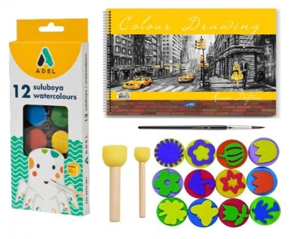sulu boya baskı seti ponpon fırçalı 25x35 resim defterli ürün görseli 1