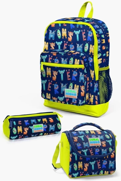 Coral High Kids Lacivert Neon Sarı Monster Desenli 3'lü Okul Çanta Seti - Kız ve Erkek Çocuk ürün görseli 1