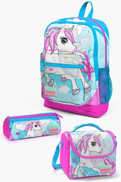 Coral High Kids Mavi Neon Pembe Unicorn Desenli 3'lü Okul Çanta Seti - Kız Çocuk ürün görseli 1