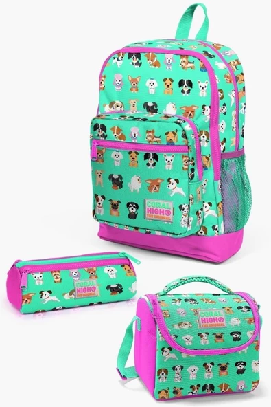 Coral High Kids Su Yeşili Neon Pembe Köpek Desenli 3'lü Okul Çanta Seti ürün görseli 1