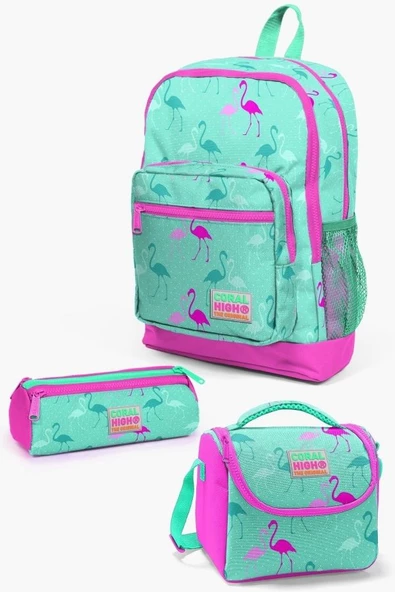 Coral High Kids Su Yeşili Neon Pembe Flamingo Desenli 3'lü Okul Çanta Seti ürün görseli 1