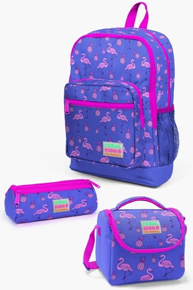 Coral High Kids Lavanta Pembe Flamingo Desenli 3'lü Okul Çanta Seti ürün görseli 1