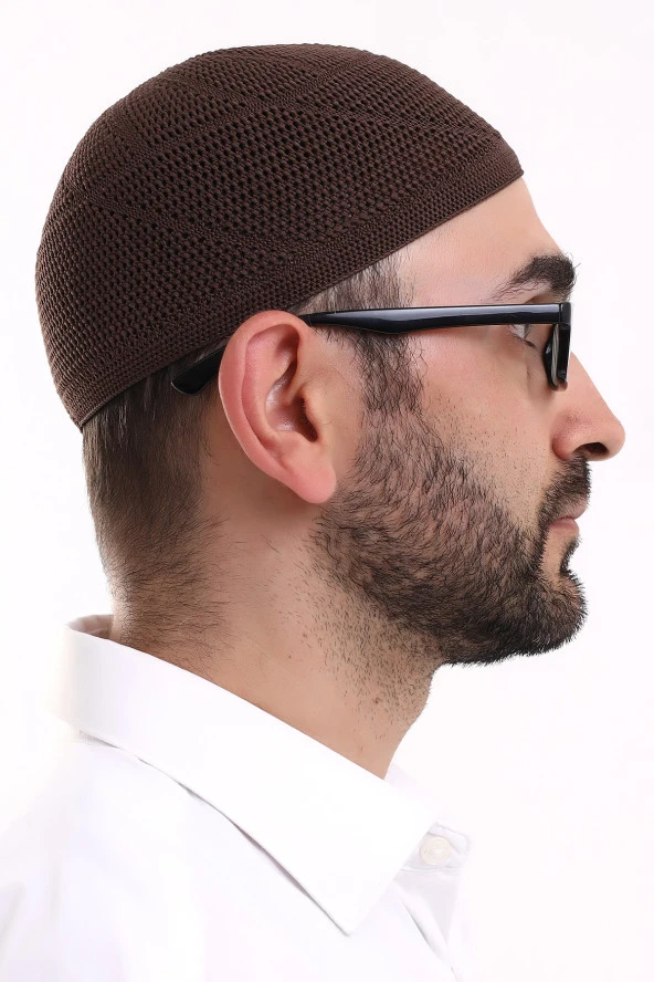 Dantel Pamuklu Triko Makine Örme Takke Kahve - Resim 5