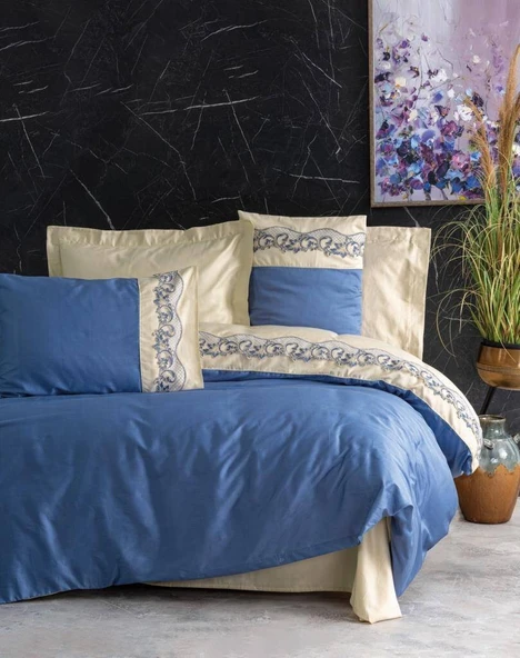 Cotton Box Brode Nakışlı Çift Kişilik Saten Nevresim Takımı Amaya Bej ürün görseli 1