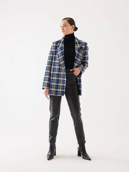Ekose Desen Saks Kruvaze Oversize Blazer Ceket ürün görseli 1