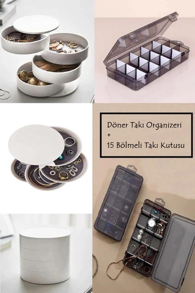 2'li Set 4 Katlı Döner Takı Organizeri 15 Bölmeli Takı Kutusu Organizer ürün görseli 1