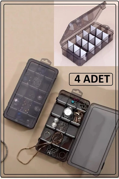 Füme 4 Adet 15 Bölmeli Kolye Yüzük Kapaklı Takı Kutusu Dikiş Kutusu Organizer Düzenleyici Kutu ürün görseli 1
