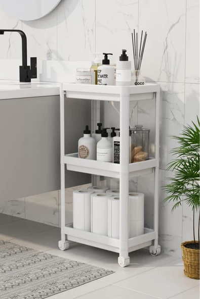 3 Katlı Banyo Raf Ünitesi (PEGGY) Beyaz Banyo Düzenleyici Şampuanlık Havluluk Dolap(BEYAZ) ürün görseli 1