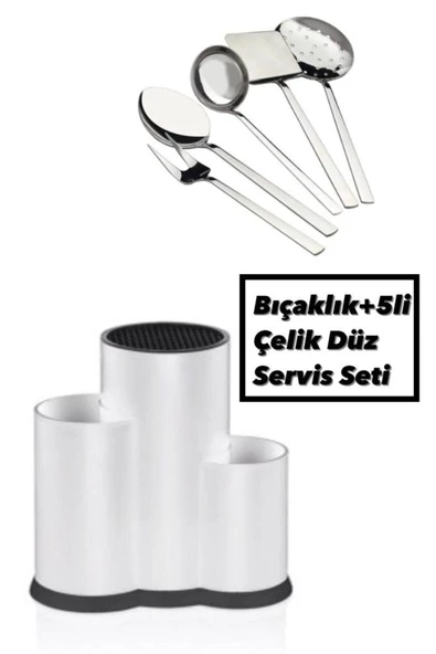 Beyaz Tezgah Üstü Bölmeli Kaşık Bıçak Standı + 5 Li Çelik Düz Servis Seti Kepçe Kevgir Takımı ürün görseli 1