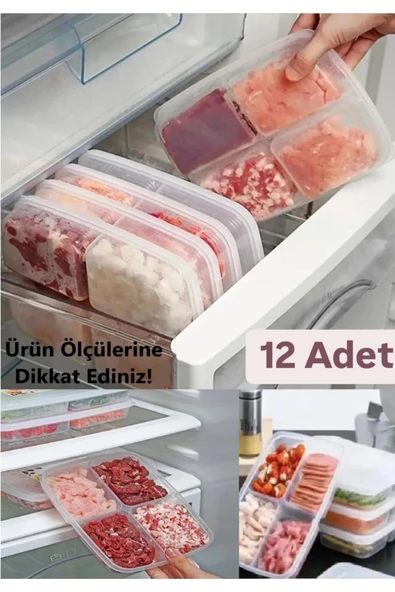 12 Adet 4 Bölmeli Öğünlük Et Sebze Mini Saklama Kabı Dondurulmuş Kıyma Tavuk Buzluk Organizer ürün görseli 1