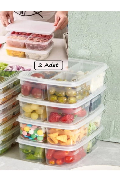 Large 2 Adet 4 Bölmeli Öğünlük Kıyma Sebze Et Suyu Saklama Kabı Porsiyonluk Organizer ürün görseli 1