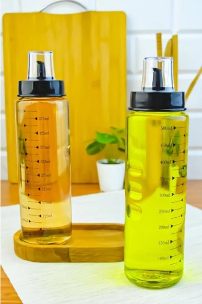 Parmak Izli Ahşap Standlı 2`li 500 Ml Damlatmaz Akıllı Cam Yağlık-sirkelik Seti ürün görseli 1