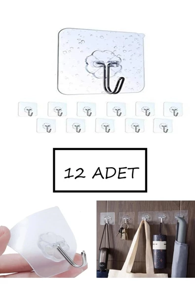12 Adet Tekli Şeffaf Güçlü Duvar Askısı Yapışkan Vantuz Kanca Mutfak Banyo Askılık ürün görseli 1