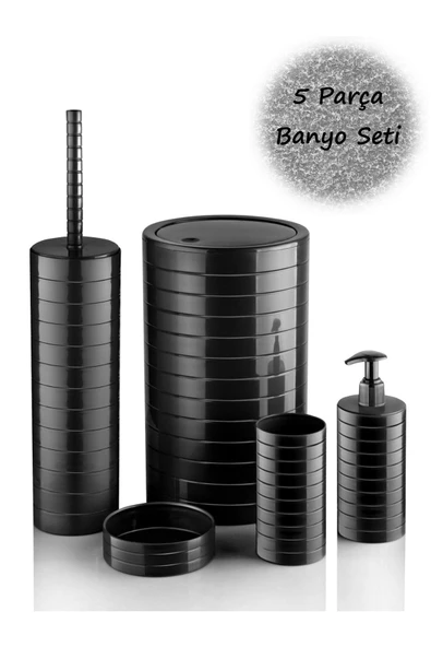 Moblen Siyah Yuvarlak Banyo Seti 5'li Set Çöp Kovası Diş Fırçalık Sıvı Sabunluk ürün görseli 1