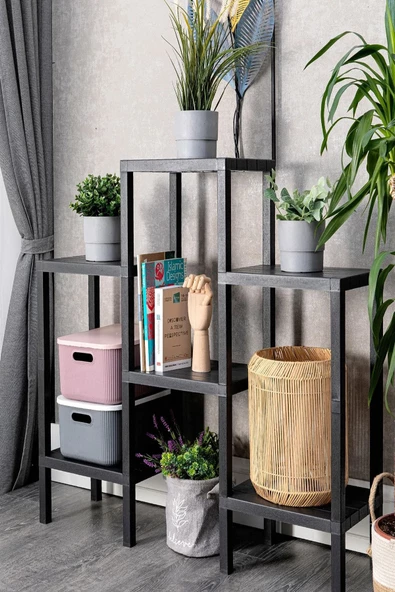 Shelf Piramit 6 Lı Raf Ünitesi Siyah Çiçeklik Banyo Mutfak Rafı Ayakkabılık Kitaplık Organizer ürün görseli 1
