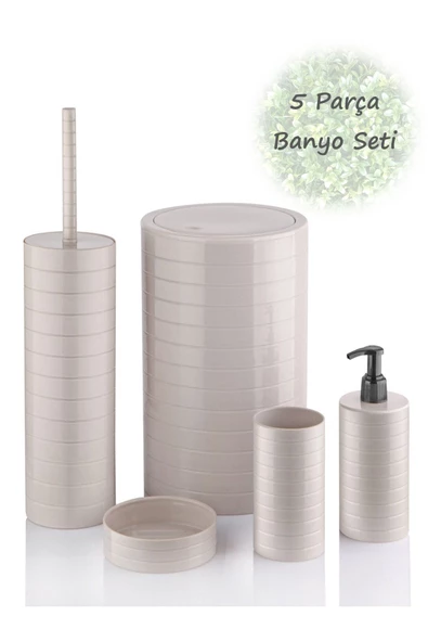 Moblen Bej Yuvarlak Banyo Seti 5'li Set Çöp Kovası Diş Fırçalık Sıvı Sabunluk ürün görseli 1