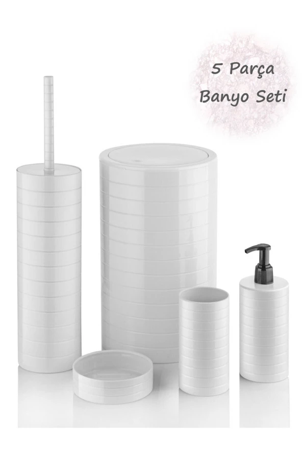 Moblen Beyaz Yuvarlak Banyo Seti 5'li Set Çöp Kovası Diş Fırçalık Sıvı Sabunluk ürün görseli 1