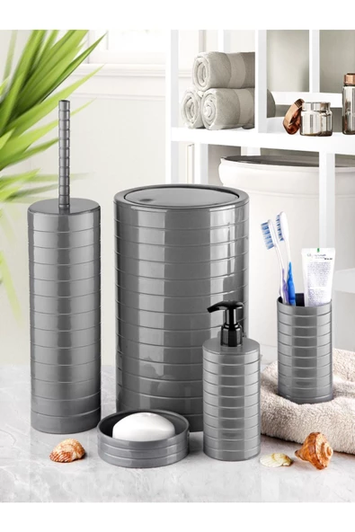 Moblen Gri Yuvarlak Banyo Seti 5'li Set Çöp Kovası Diş Fırçalık Sıvı Sabunluk ürün görseli 1