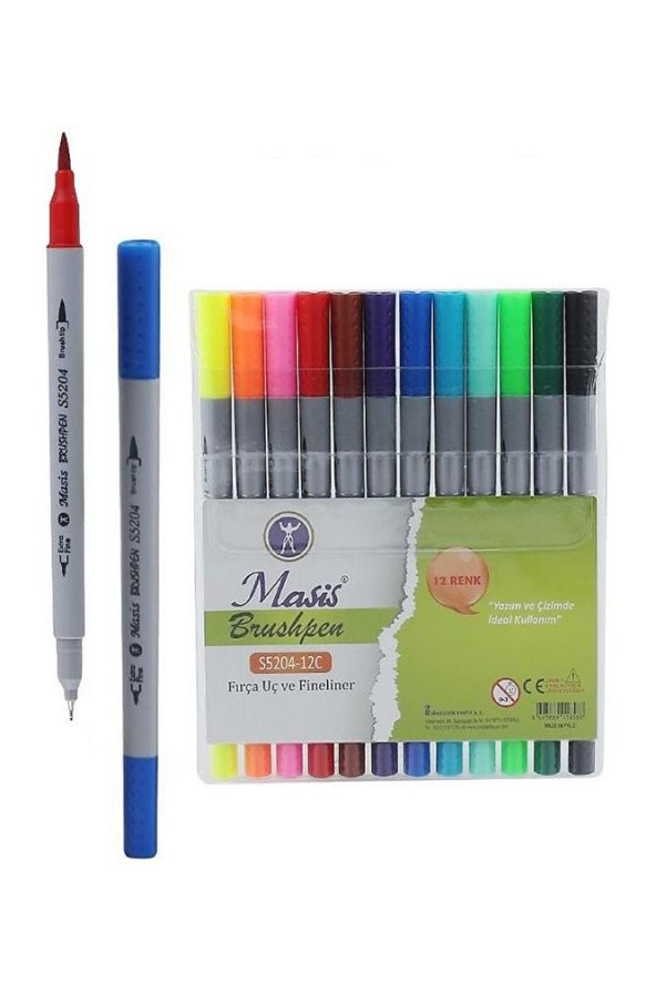 Fineliner Kalem Çift Yönlü 12 Renk 1 Paket Fırça Uç ve Fineliner Brushpen 12li Keçe Uçlu Kalem Kalın İnce Keçeli Kalem ürün görseli 1