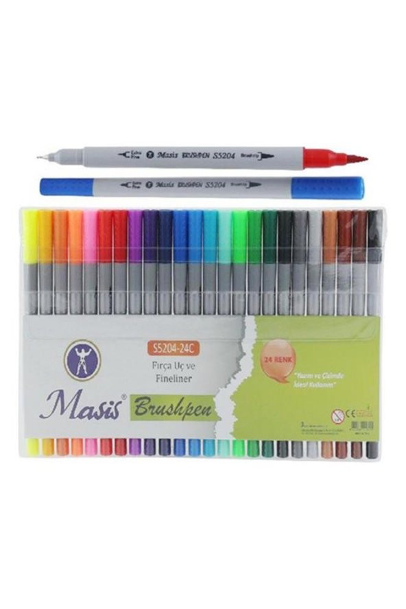 Fineliner Kalem Çift Yönlü 24 Renk 1 Paket Fırça Uç ve Fineliner Brushpen 24lü Keçe Uçlu Kalem Kalın İnce Keçeli Kalem ürün görseli 1