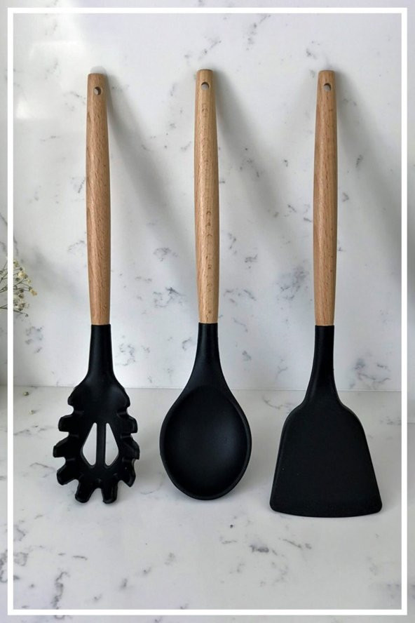 Hazarpazar Bambu Saplı Silikon Kaşık & Spatula & Spagetti - Siyah ürün görseli 1