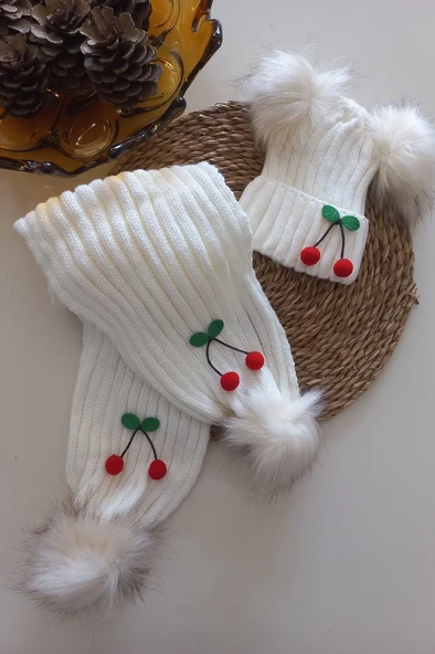 MARS BABY Kız Erkek Unisex Bebek Çocuk Ekru Krem Ponpon Kiraz Figürlü Ponponlu Atkı Bere Takımmı ürün görseli 1