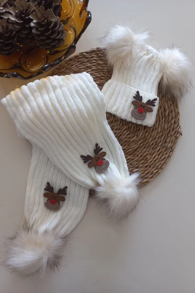 MARS BABY Kız Erkek Unisex Bebek Çocuk Ekru Krem Geyik Figürlü Ponponlu Atkı Bere Takımı ürün görseli 1