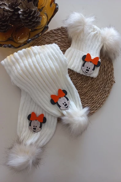 MARS BABY Kız Erkek Unisex Bebek Çocuk Krem Turuncu Minnie Figürlü Ponponlu Atkı Bere Takımı ürün görseli 1