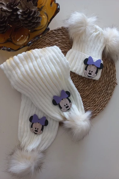 MARS BABY Kız Erkek Unisex Bebek Çocuk Krem Lila Minnie Figürlü Ponponlu Atkı Bere Takımı ürün görseli 1