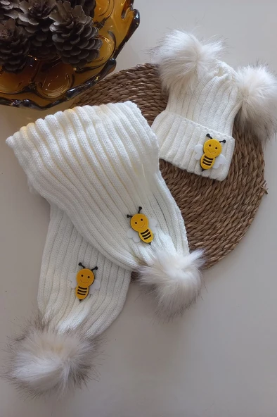 MARS BABY Kız Erkek Unisex Bebek Çocuk Ekru Krem Sarı Arı Figürlü Ponponlu Atkı Bere Takımı ürün görseli 1