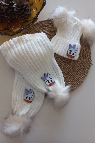 MARS BABY Kız Erkek Unisex Bebek Çocuk Ekru Krem Daisy Ördek Figürlü Ponponlu Atkı Bere Takımı ürün görseli 1