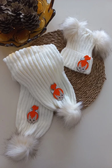 MARS BABY Kız Erkek Unisex Bebek Çocuk Ekru Krem Turuncu Çakıl Figürlü Ponponlu Atkı Bere Takımı ürün görseli 1