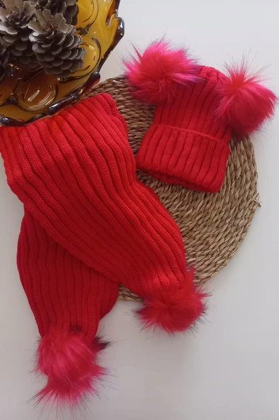 MARS BABY Kız Erkek Unisex Bebek Çocuk Kırmızı Ponponlu Atkı Bere Takımı ürün görseli 1